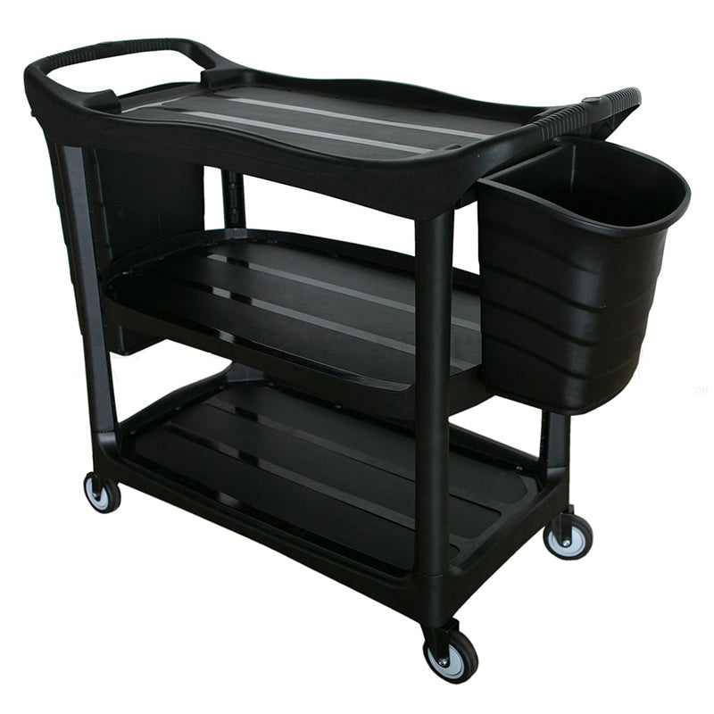 3 Tier Service Cart Janitor Trolley Cleaning Utility Trolley Shelf Wheels 2 Bins