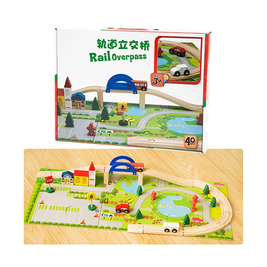 Truboo Kids Railway Set Toy Overpass Traffic Cars Building Blocks Wooden 40Pcs