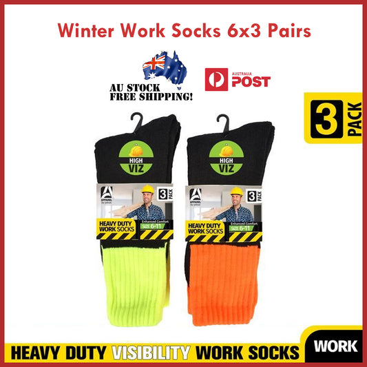 6x3 Pairs Winter Work High Visibility Socks Heavy Duty Cotton Comfort Size 6-11