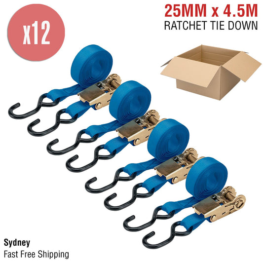 12x Ratchet Tie Down Strap Ute Tray Hook Boat Car Trailer Tiedown 25mm x 4.5M