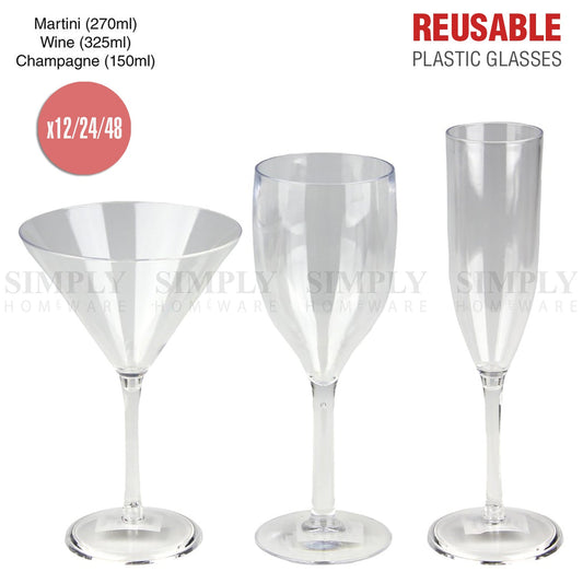 12-48x Plastic Wine Glasses Champagne Martini Drinking Glass Bulk Clear Reusable - Simply Homeware