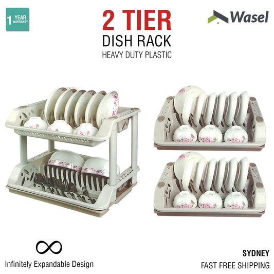 2 Tier Dish Rack Plastic Drainer Tray Dryer Kitchen Plate Drying Cutlery Dry