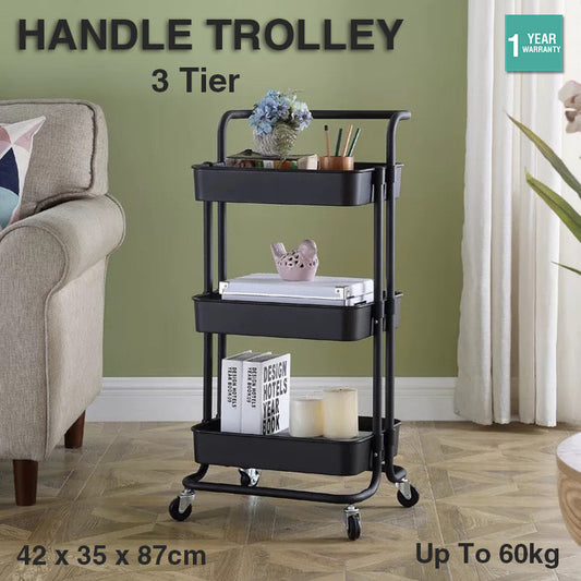 3 Tier Handle Wheel Trolley Bathroom Kitchen Storage Shelf Rolling Rack Cart AU